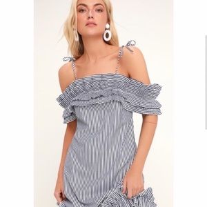 Lulus Stellar Blue and White Striped Off the Shoulder Midi Ruffle Maxi Dress M